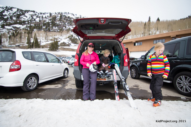 Tailgating on a ski day, family skiing