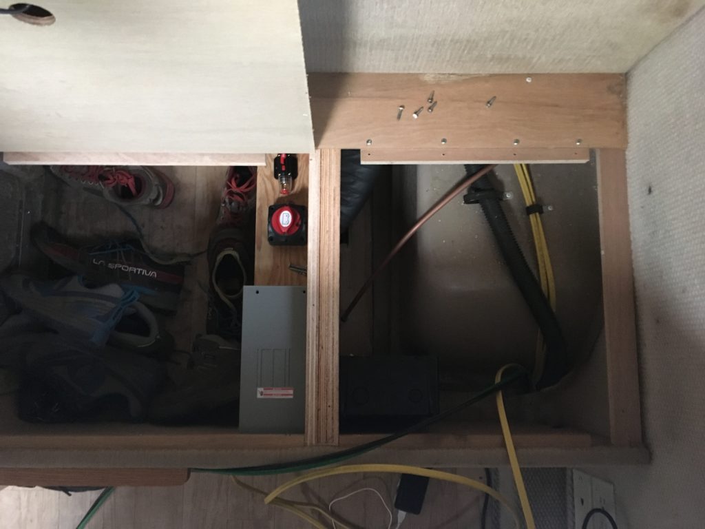AC subpanel and solar feed under the bench